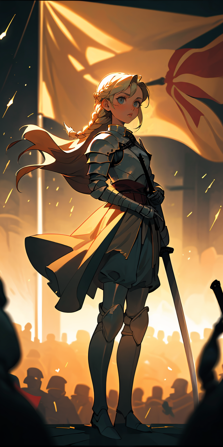 (best quality, masterpiece), 1girl, standing, knight with a sword, Soldiers, Golden City, in crowd, flags, (depth of field...